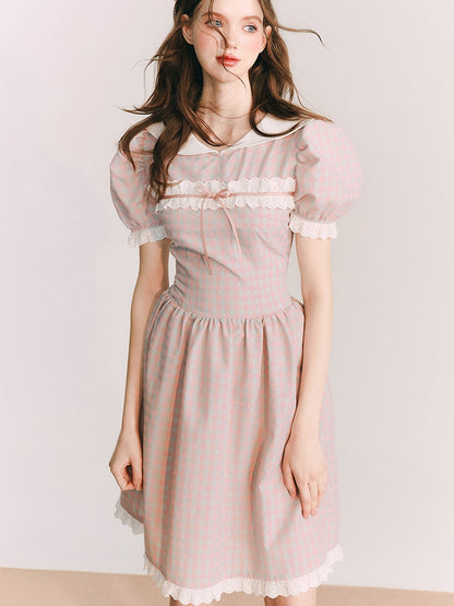 Plaid Doll Collar Lace Stitch One-piece