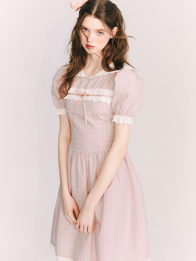 Plaid Doll Collar Lace Stitch One-piece