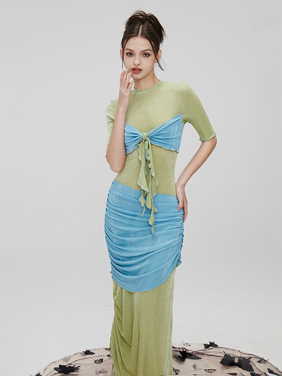 Drape Three-dimensional Drawstring Long Slim Dress