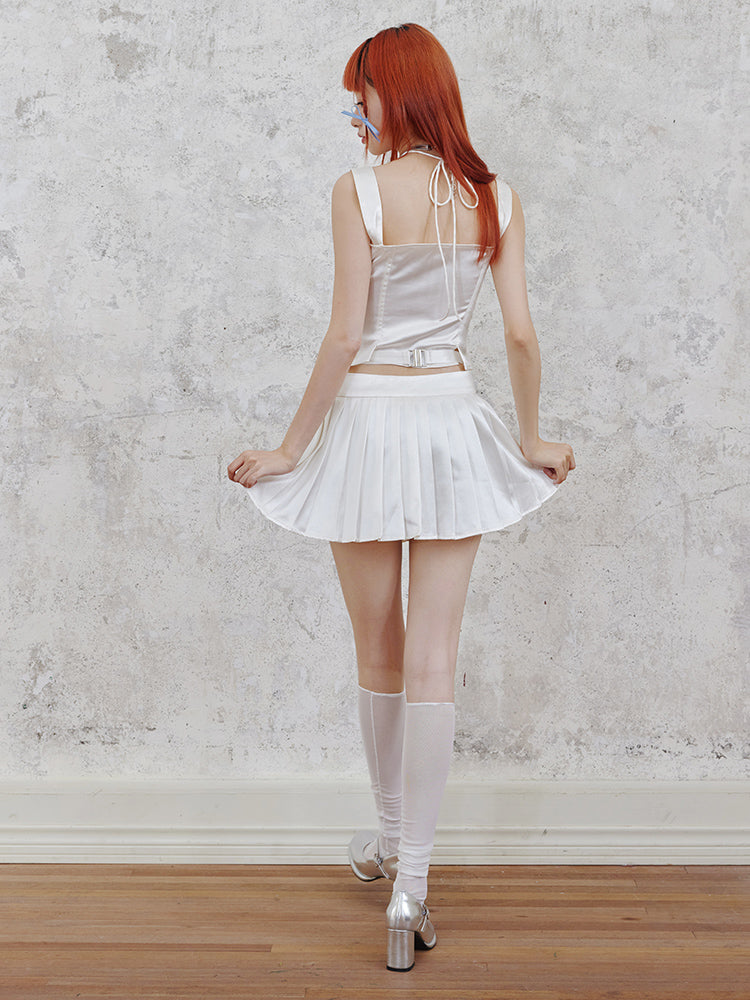 Shiny Suspender Top &amp; Low Waist Pleated Skirt