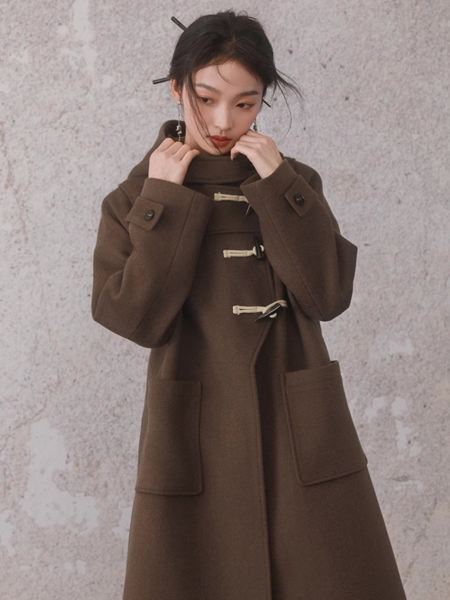 Horn Button Hooded Mid-Length Coat