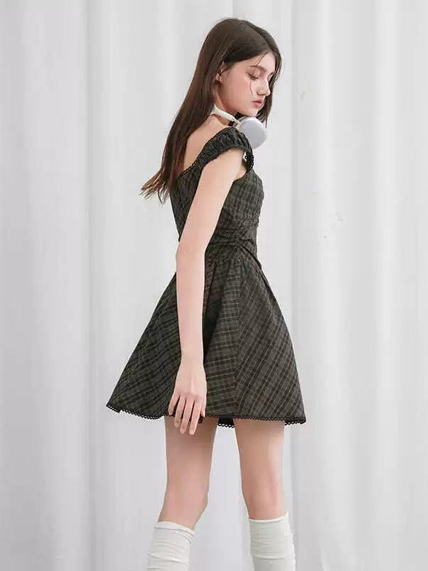 Check Lace Gather Short Dress