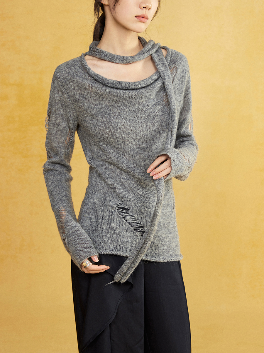 Swing Collar Irregular Hole Knitted Sweater