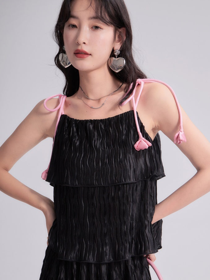 Three-dimensional Tulip Lace Multi-layer Pleated Suspenders Top