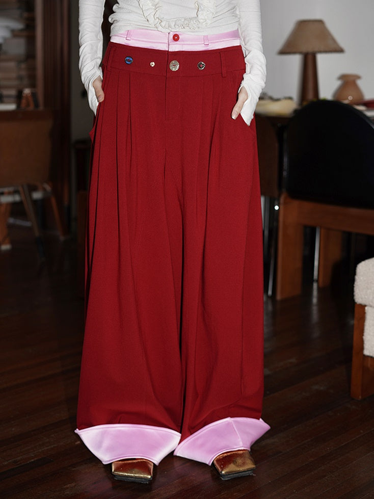 Contrast Color Loose Flap Wide Leg Pants