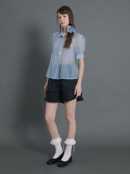 Pin Tuck Puff Sleeve Sheer Blue Shirt