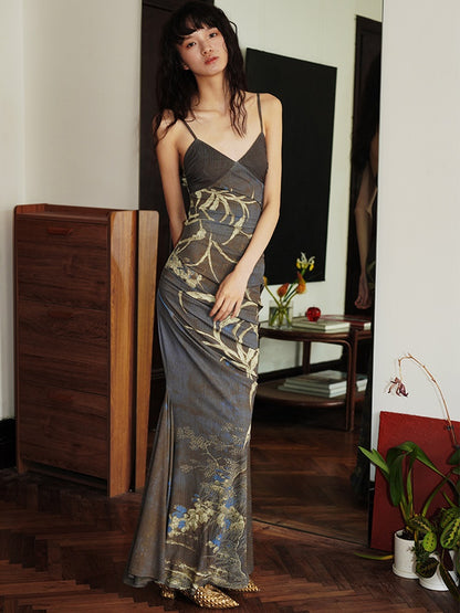 Printed Slim Long Sling Mermaid Dress