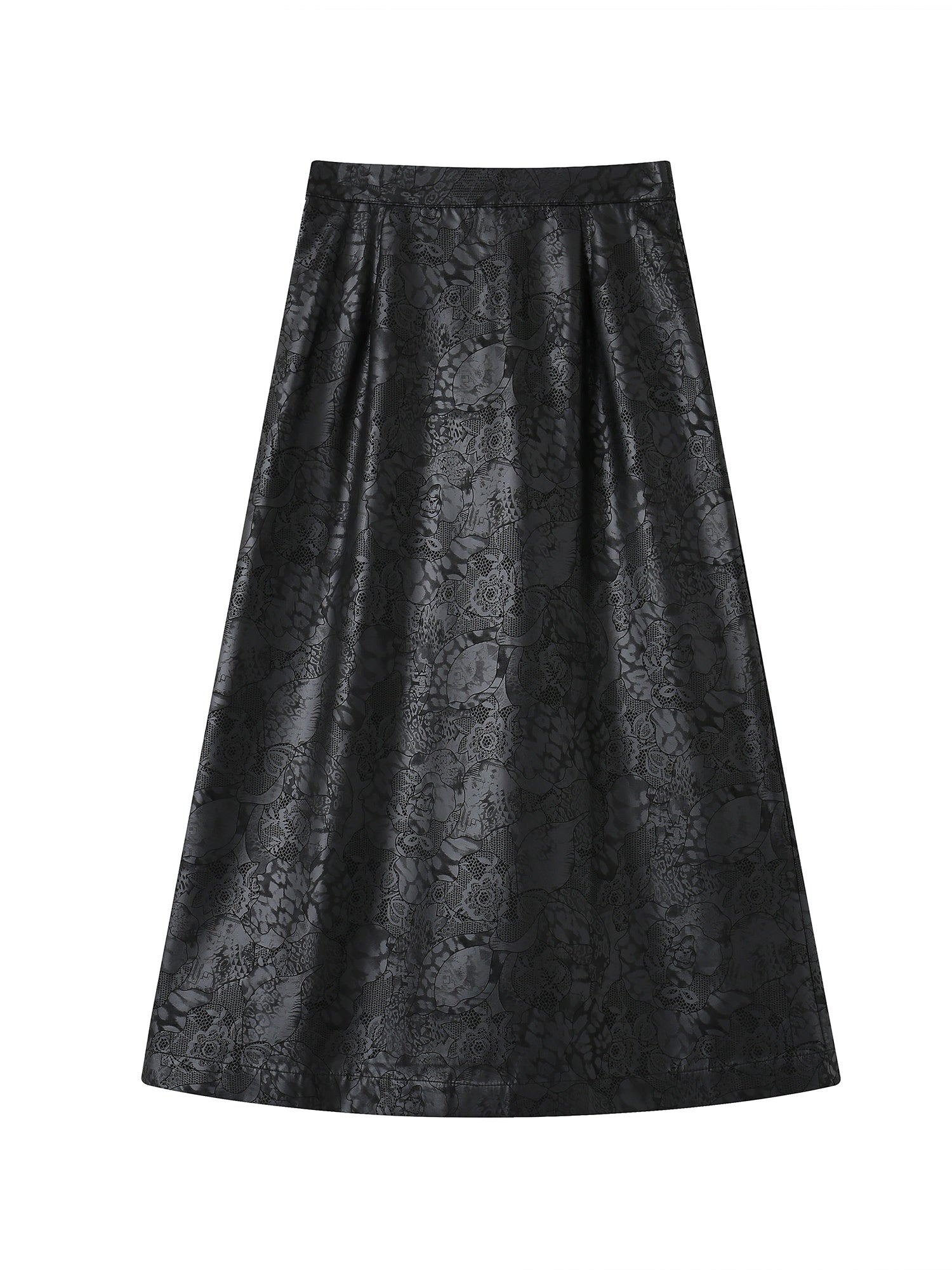 Flower-Embroidery Leatner Flare A-Line Long-Skirt