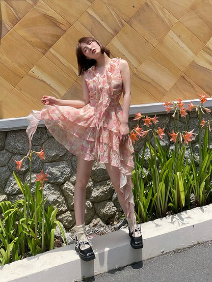 Peach Print Ruffled IRREGULAR HEM SLEEVELESS CHIFFON Dress