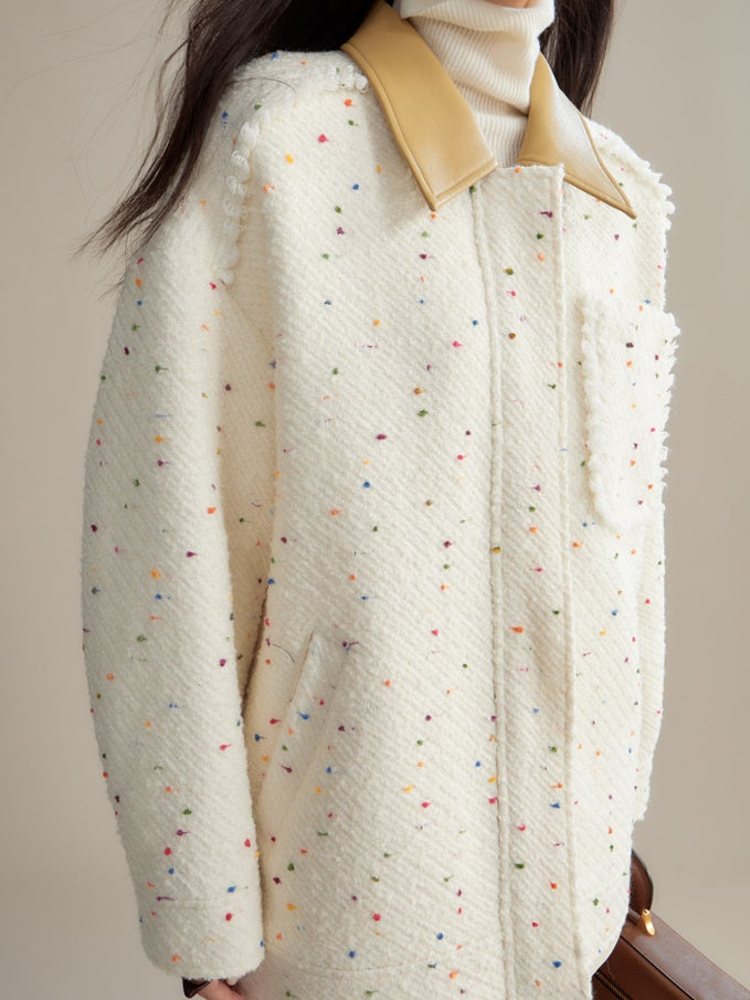 Colorful Dots PU Leather Collar Tweed Taste Jacket