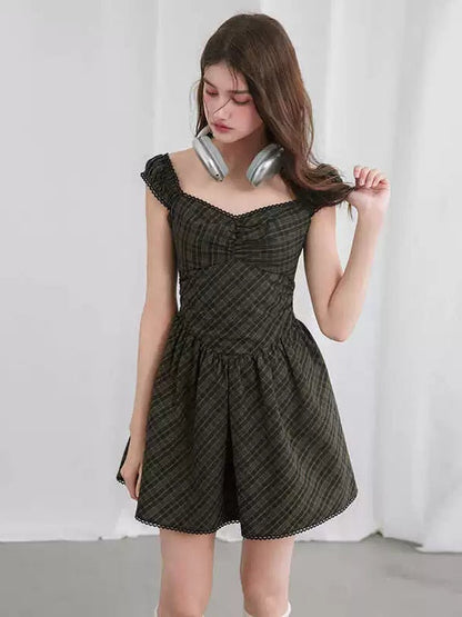 Check Lace Gather Short Dress