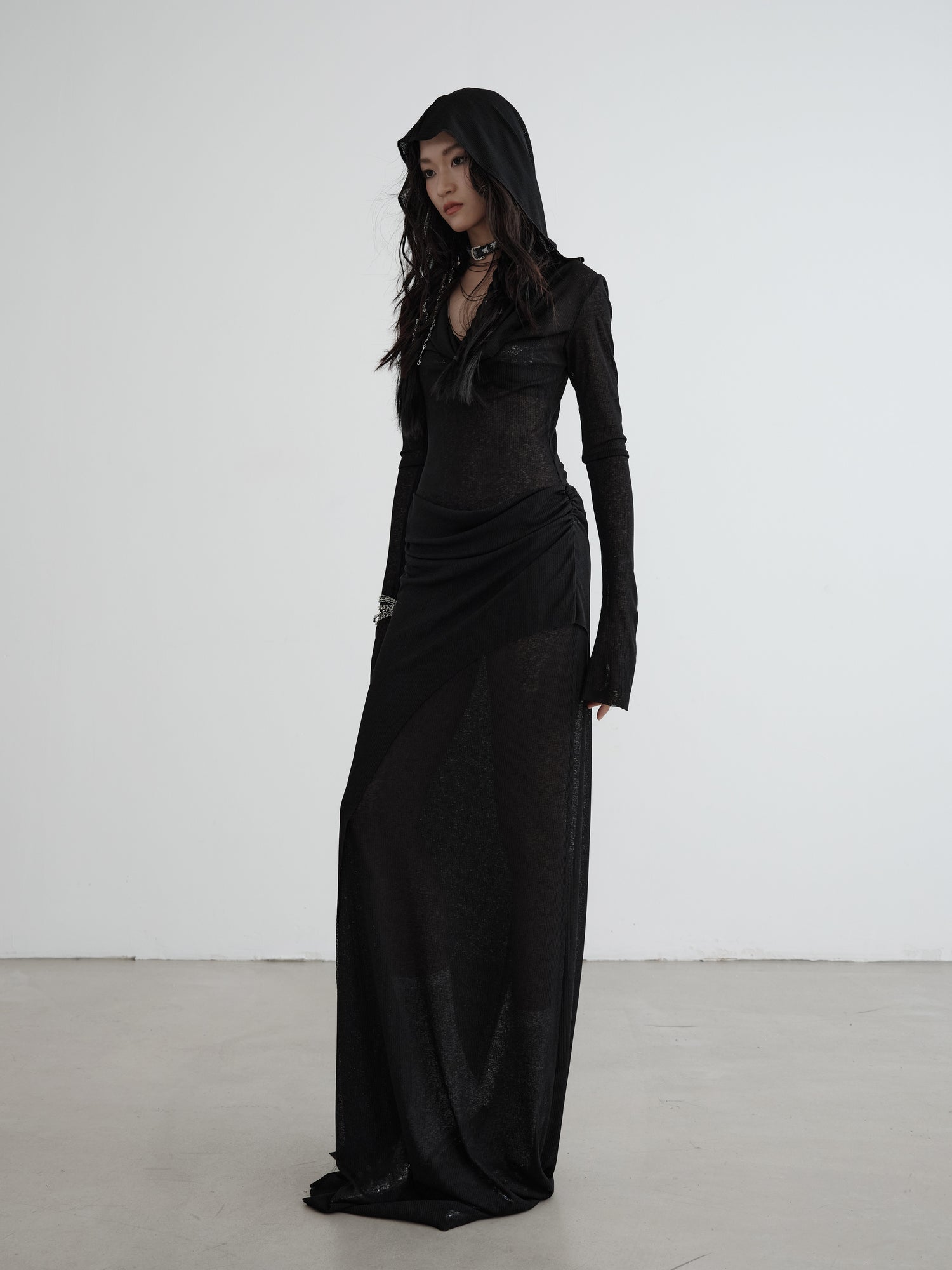 Semi-transparent Knitted Fake Two-piece Layered Hooded Dress