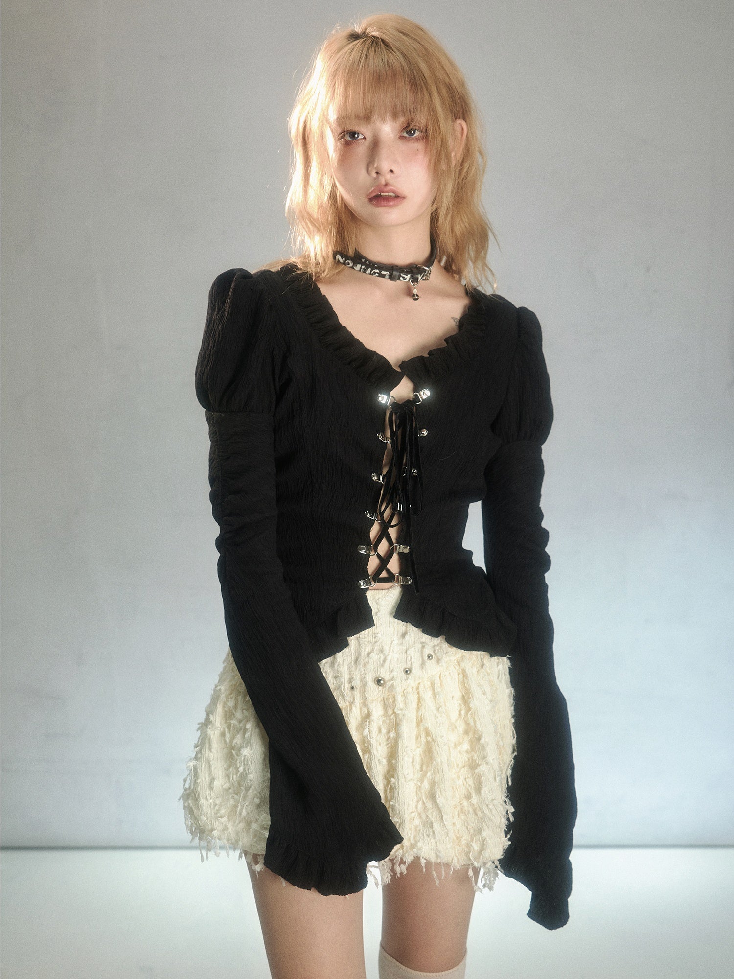 Lace-Up Slim Fit Ruffled Bell Sleeve Shirt