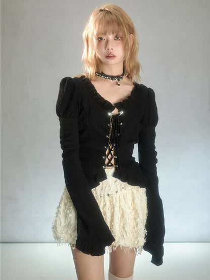 Lace-Up Slim Fit Ruffled Bell Sleeve Shirt