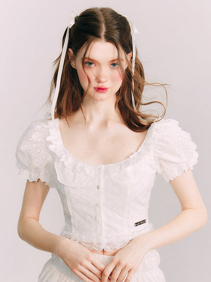 Cutwork Lace Puff Sleeve Top &amp; A-line Skirt