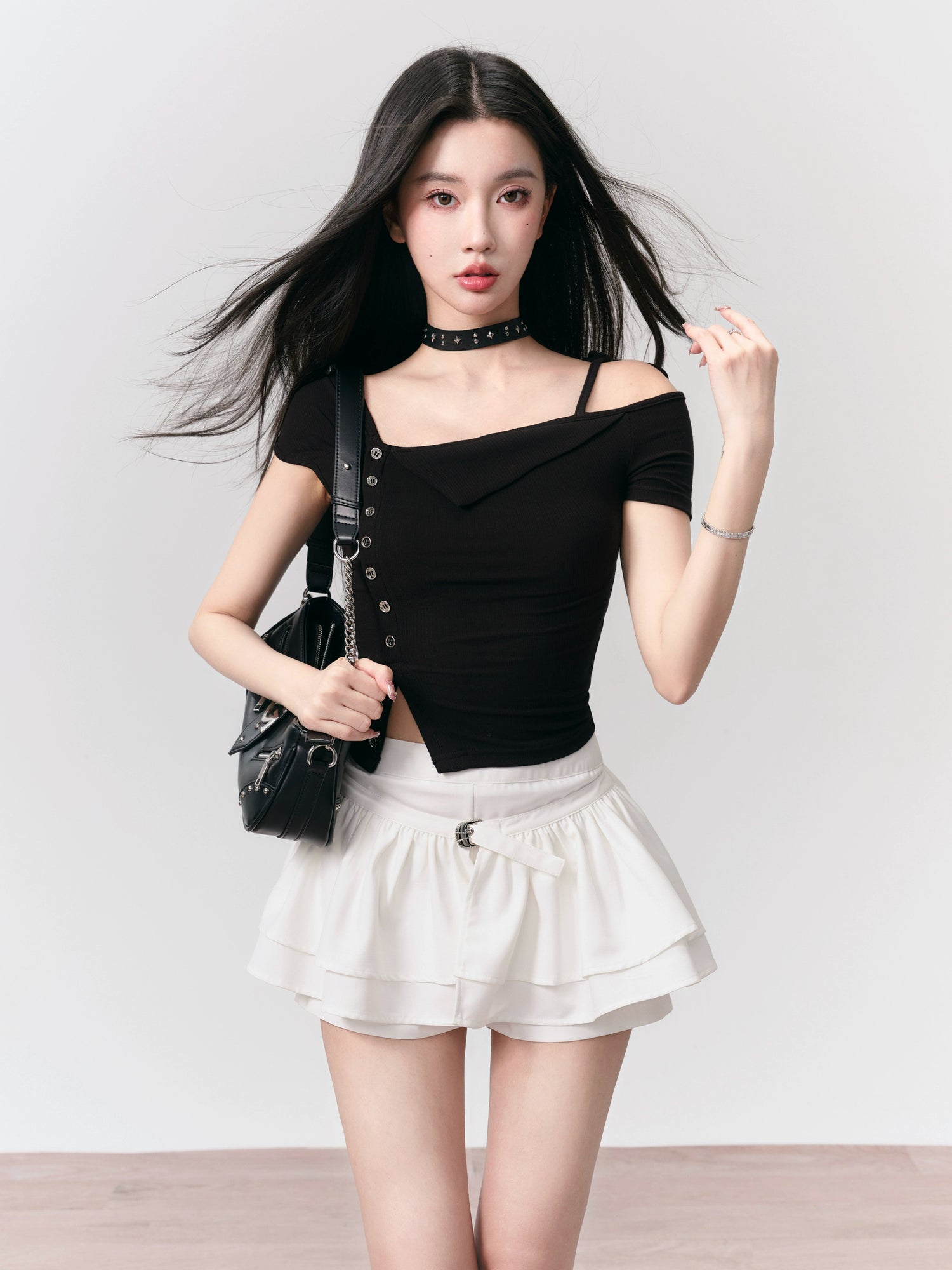 Oblique Shoulder Strap Slim Fit T-Shirt