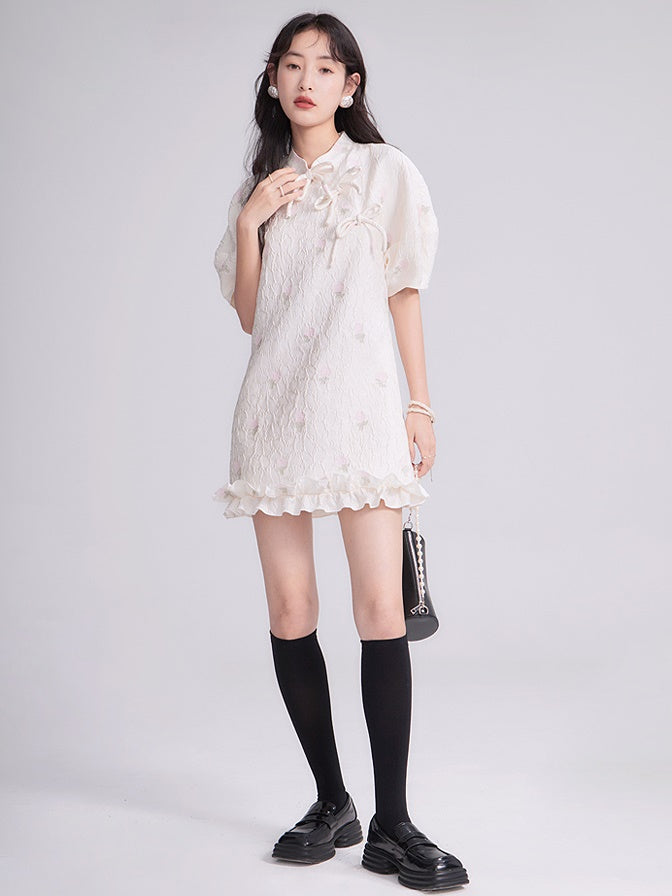 Mao Collar Jacquard Bow Dress