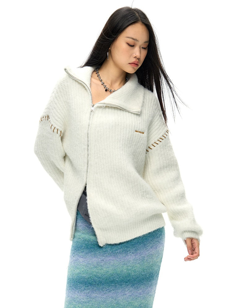 Double-ZIP High Neck Knitted Jacket