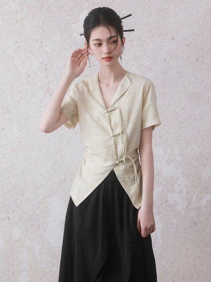 Neck Streamer Chinese Style Placket Button Shirt