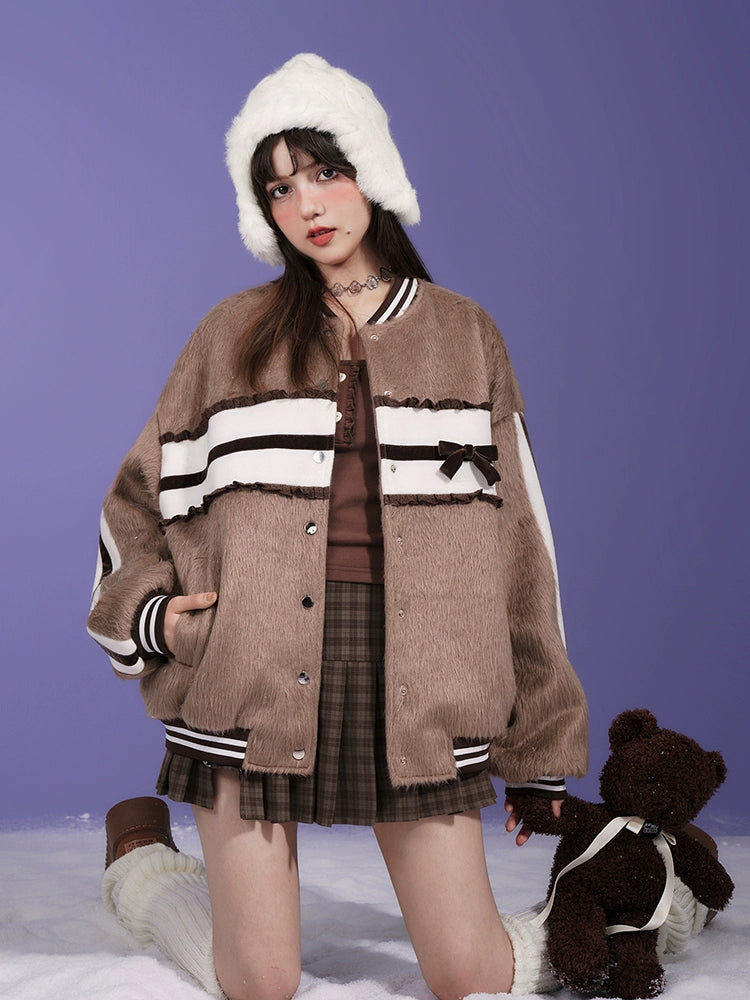 Spliced Ribbon Stitch Loose Baseball Jacket