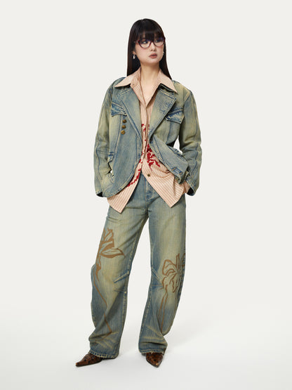 Distressed Deconstructed Casual Denim Jacket ＆ Curve Denim Pants