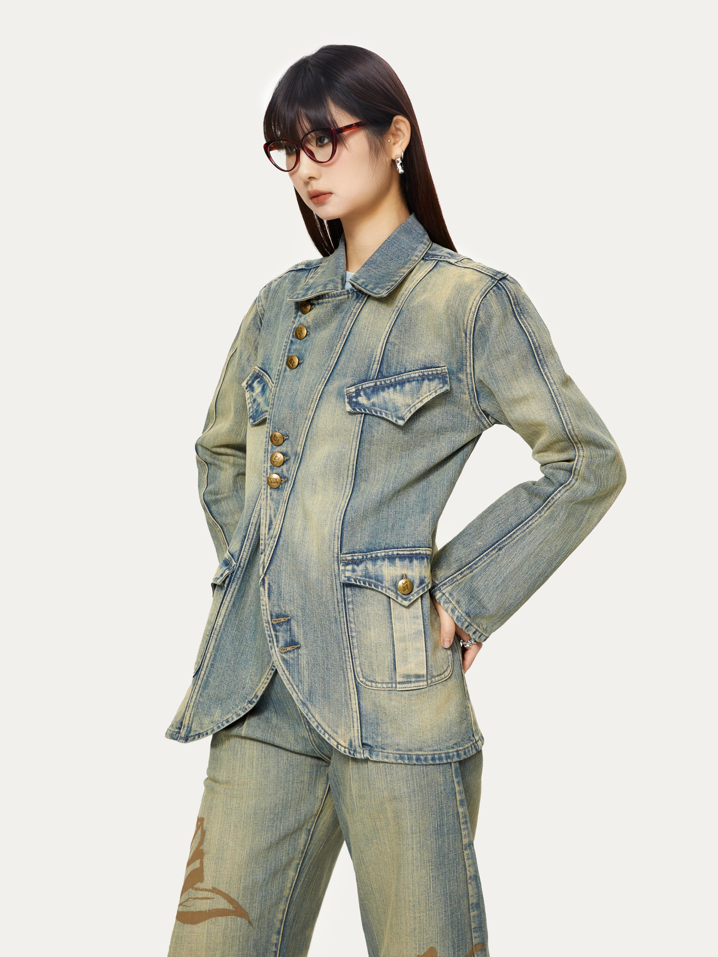 Distressed Deconstructed Casual Denim Jacket ＆ Curve Denim Pants