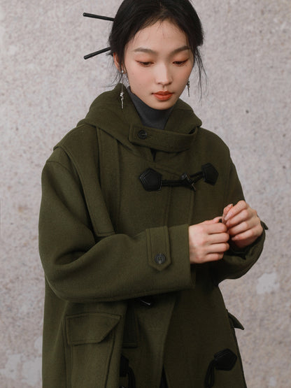 College Style Horn Button Hooded Coat