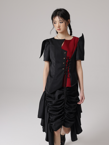 Special-Shaped Design Pierrot Shirt &amp; Asymmetry Gather Skirt