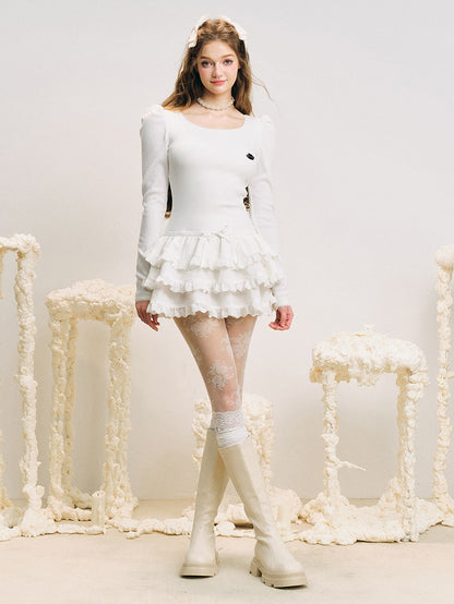 U-neck Puff Sleeve Switching Design Puffy Cake Dress