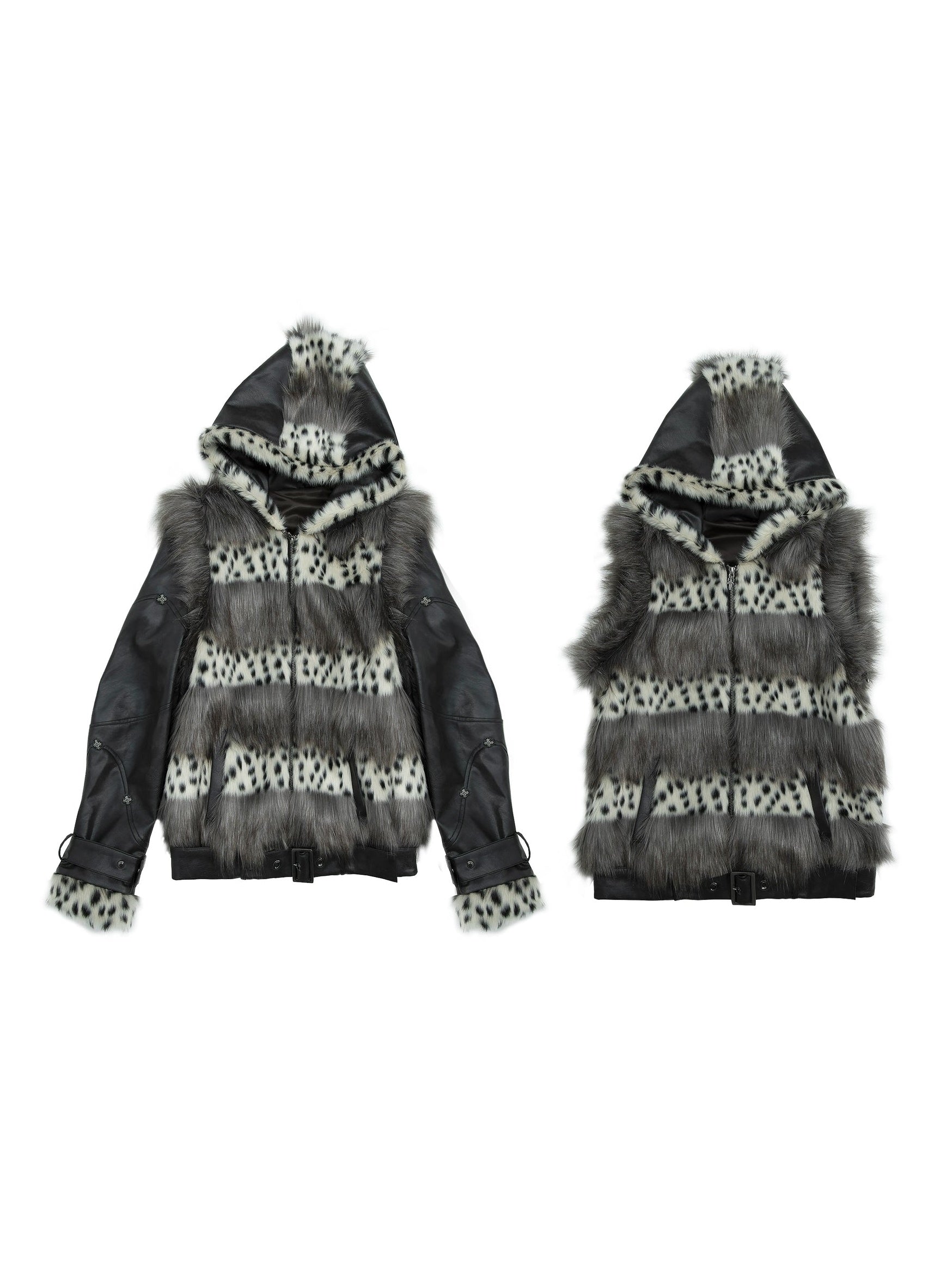 Removable Sleeve Hooded Leopard Print Eco-friendly Fur Jacket