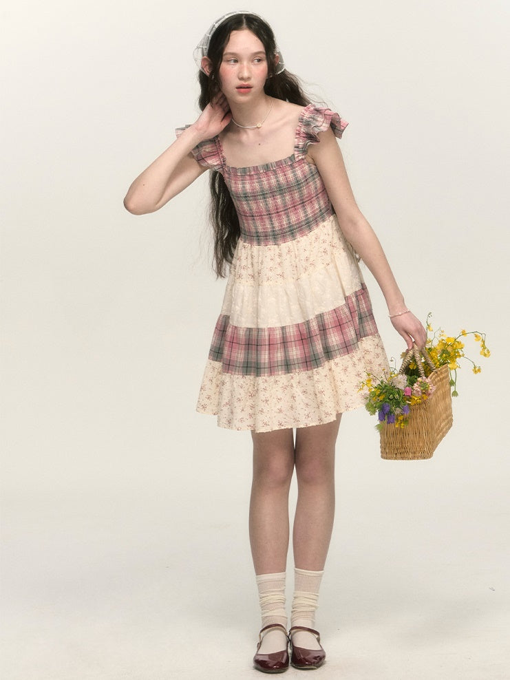 Retro Plaid Floral Lace Patchwork Small Flying Sleeves Dress