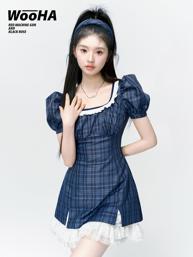 Puff-Sleeves Lace Girly Checked ONE-PIECE