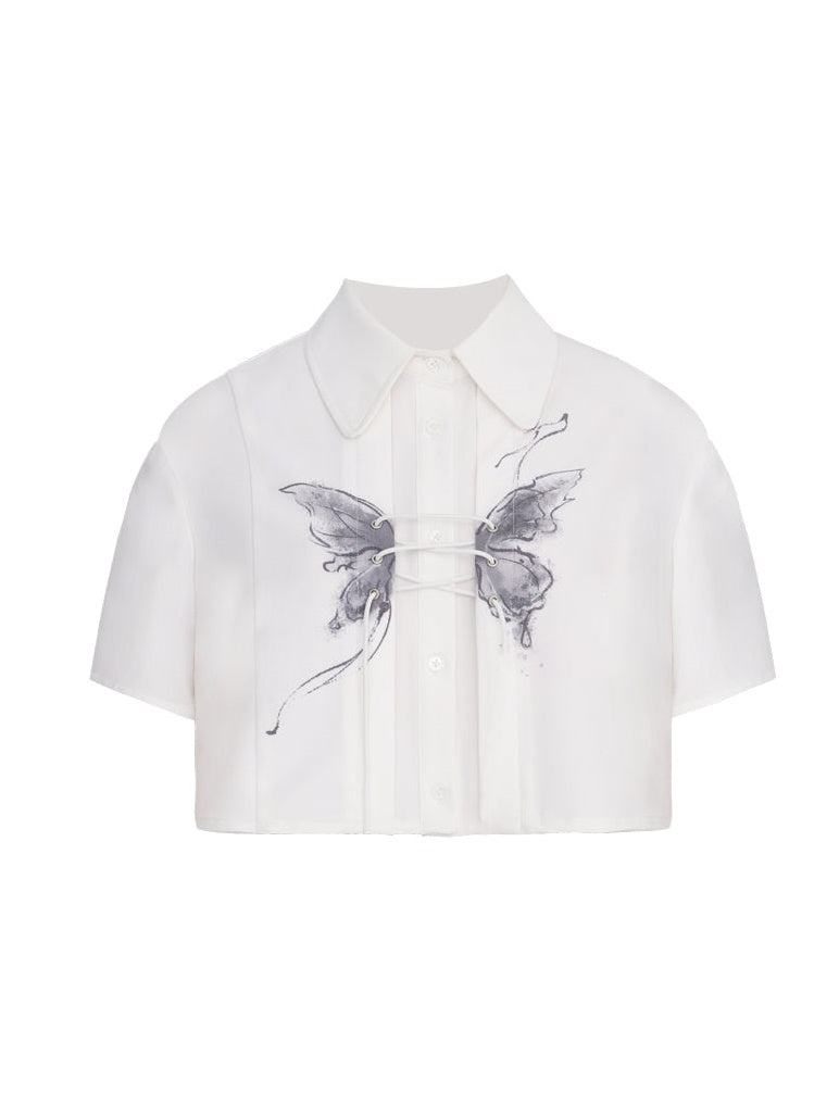 Butterfly Print Cross Tie Short-sleeved Shirt