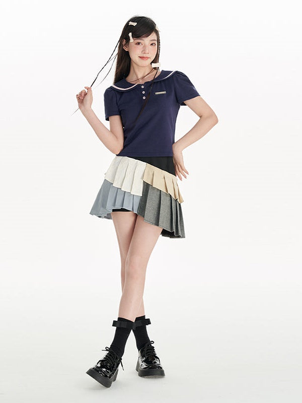 Irregular Contrast Color Pleated Skirt