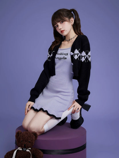 Knitted Sleeveless Logo One-piece ＆ Short Cardigan