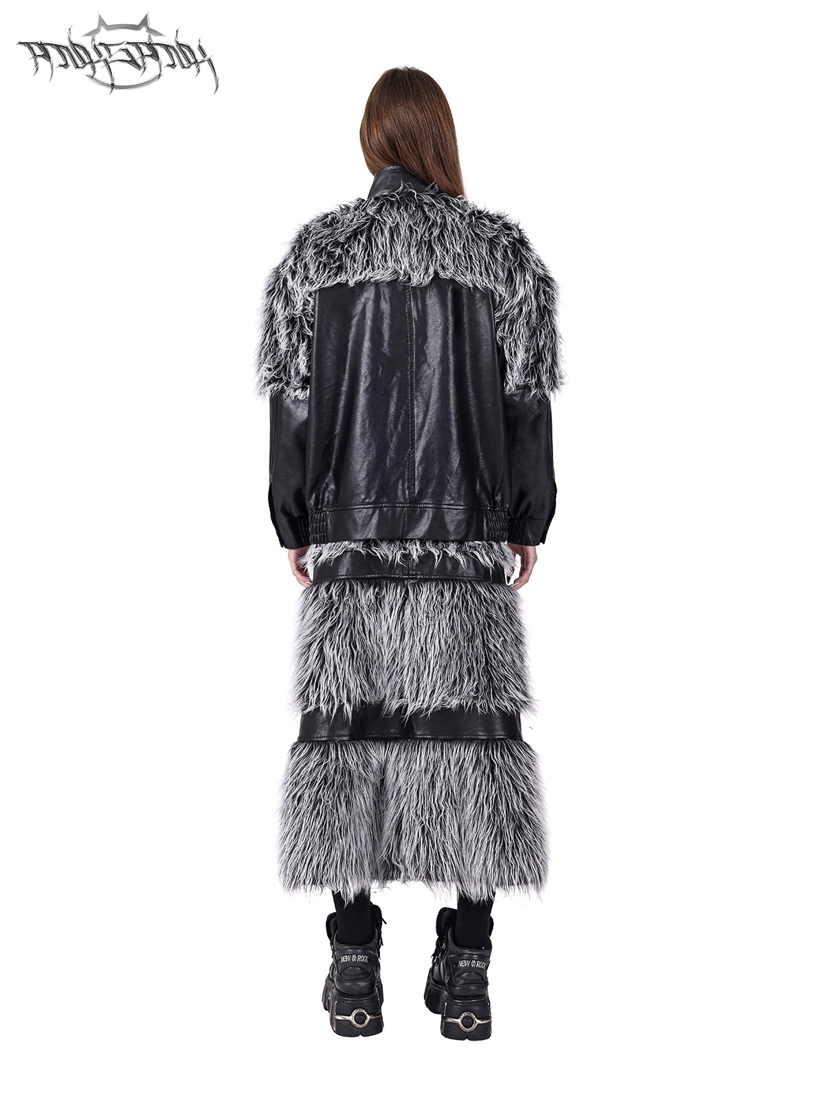 Front And Back 2Way Spliced Fur Double Zipper Leather Skirt