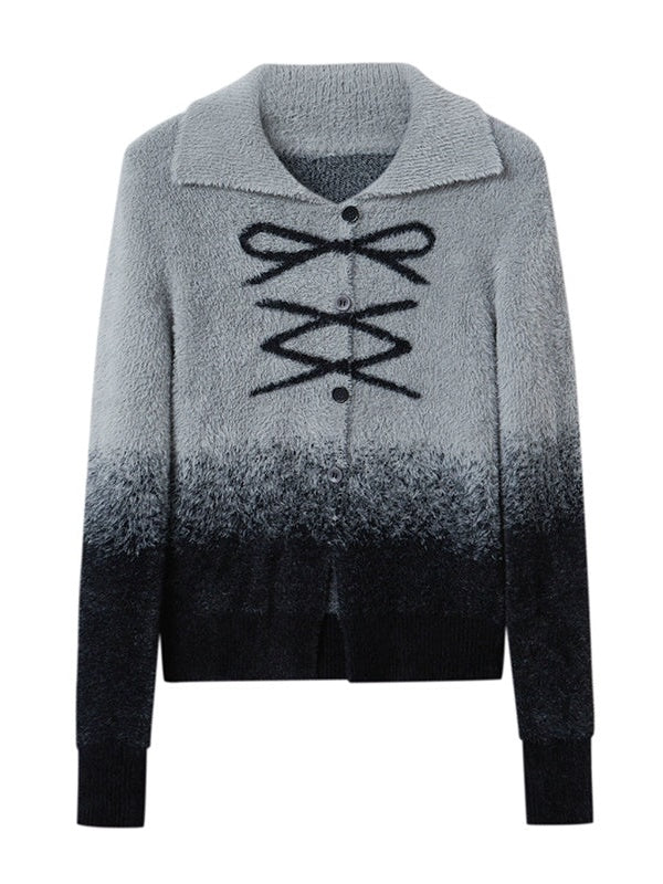 Gradient Bow Printed Lapel Knitted Cardigan