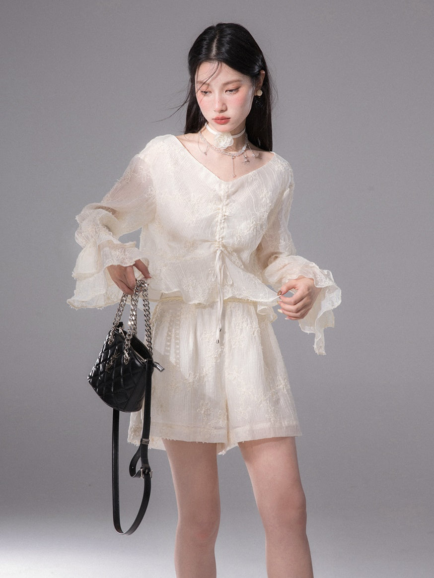 Floral Embroidered Drawstring Shirt &amp; Shorts Set-up