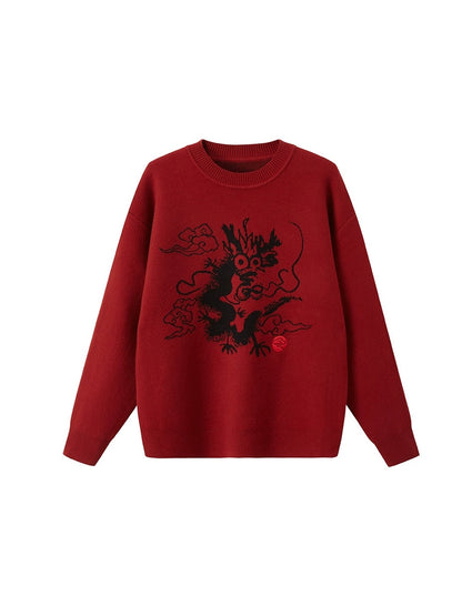 Dragon Design Round Neck Drop-Shoulder-Pullover