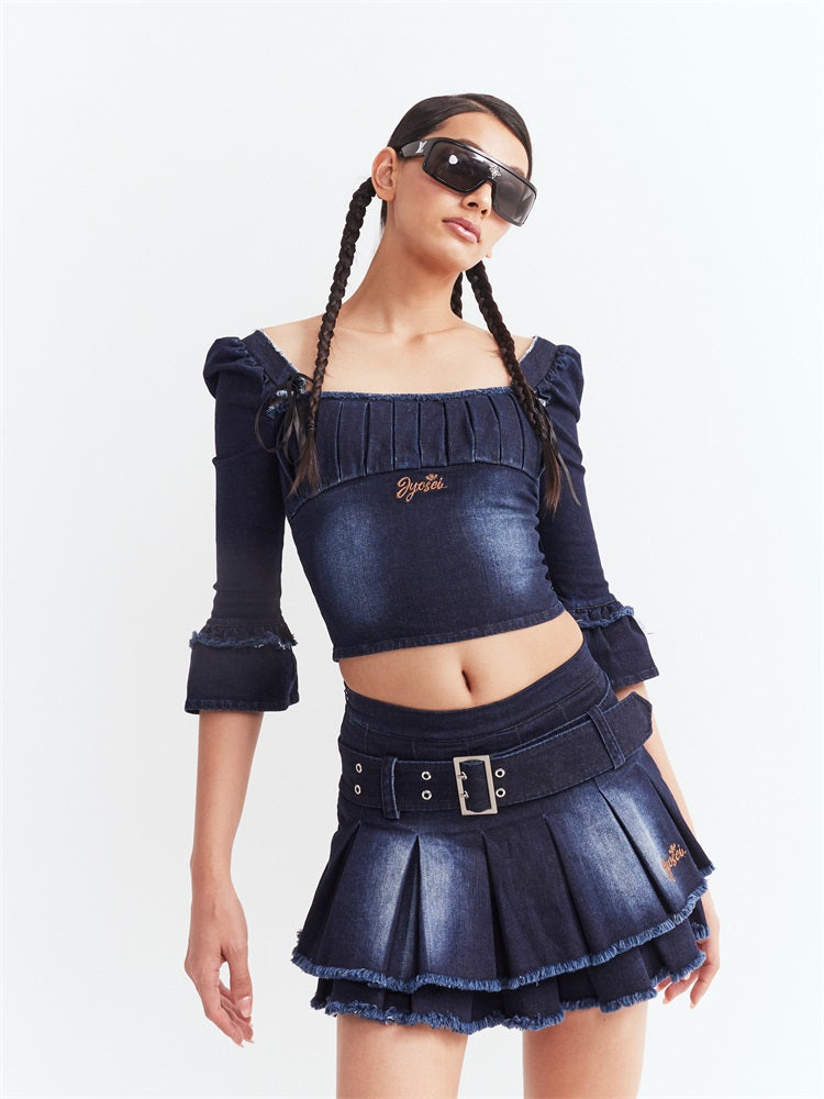 Denim Puff Sleeve Top &amp; Pleated Skirt