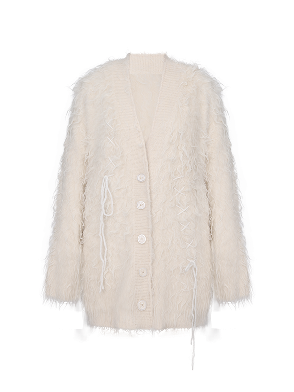 Shaggy Touch Lace-Up Loose Knitted Cardigan