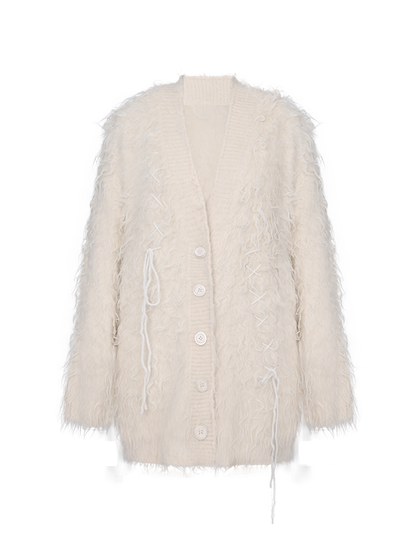 Shaggy Touch Lace-Up Loose Knitted Cardigan