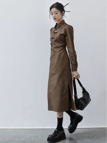 Chinese Style Hollow Mid-length Shirt Dress