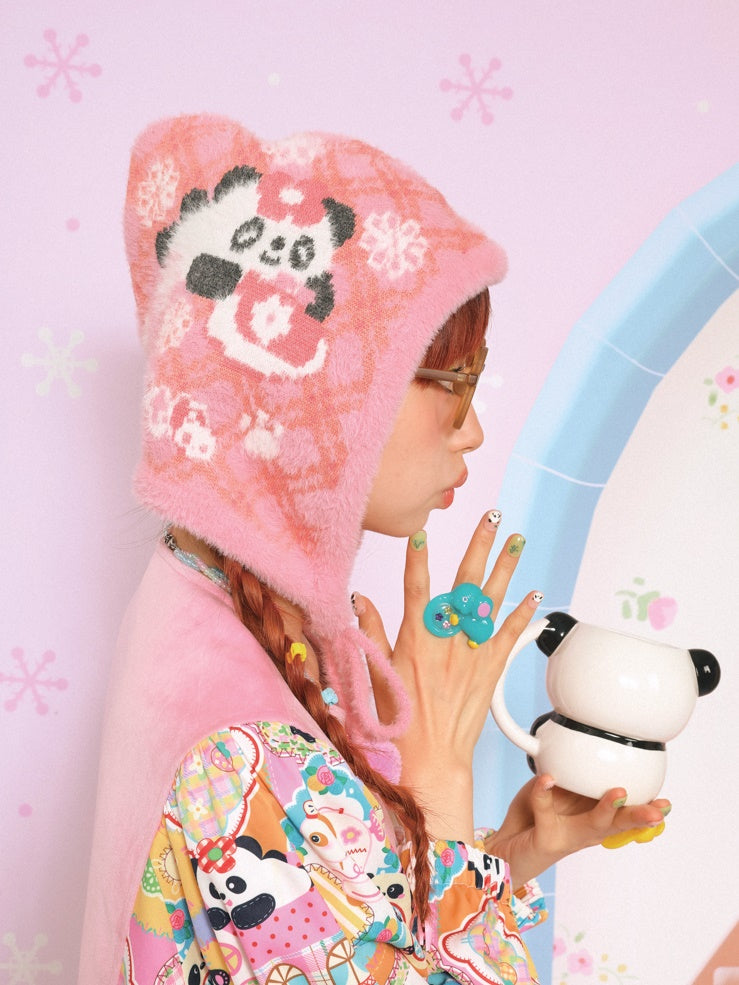 Retro Plaid Giant Panda Plush Knitted Ear Protection Hat