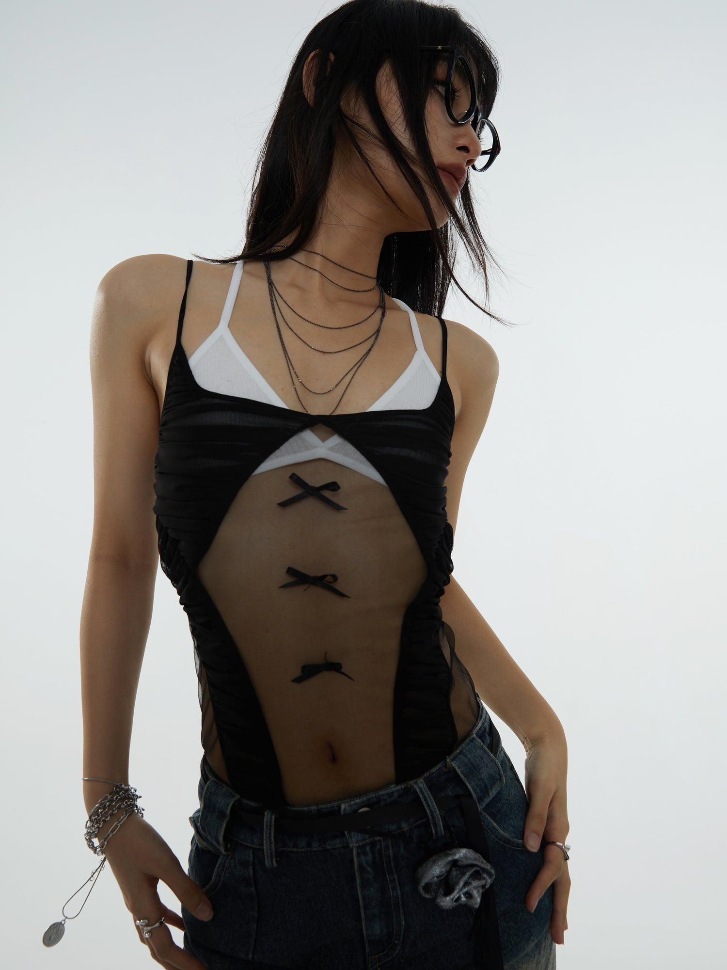 Mesh Shirring She-Through Ribbon Camisol