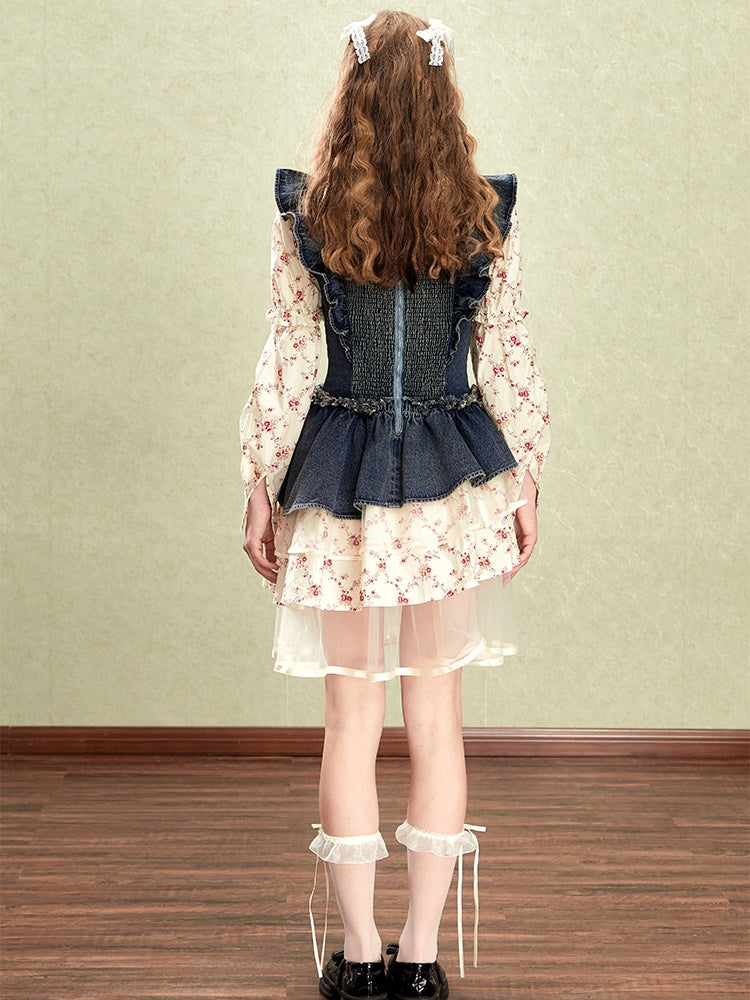 Small Flying Sleeve Stitching Denim Fake Two-piece Dress