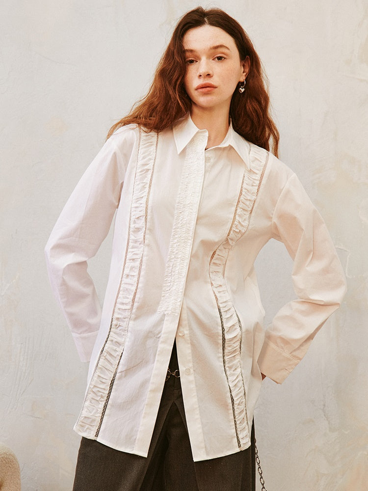 Retro Hollow Lace Stitching Pleated Shirt