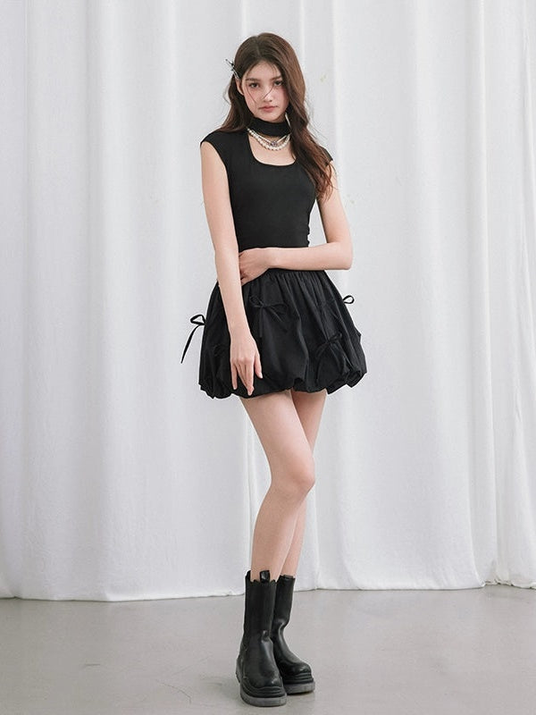 Hollow Stand-up Collar Bow Flower Bud Short Dress