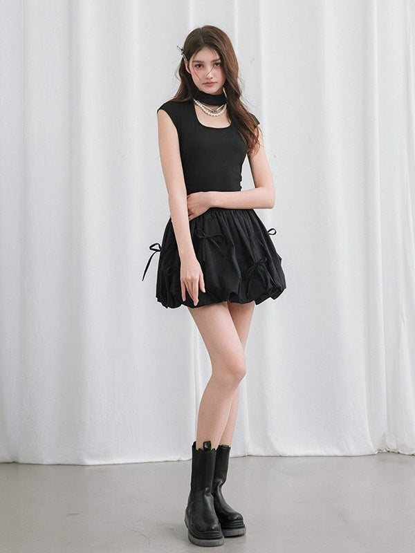 French Sleeve Romantic Cut-out Stand Collar Bow Bud Dress