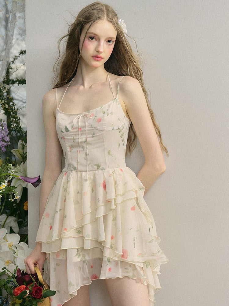 Rose Irregular Ruffle Suspender Dress